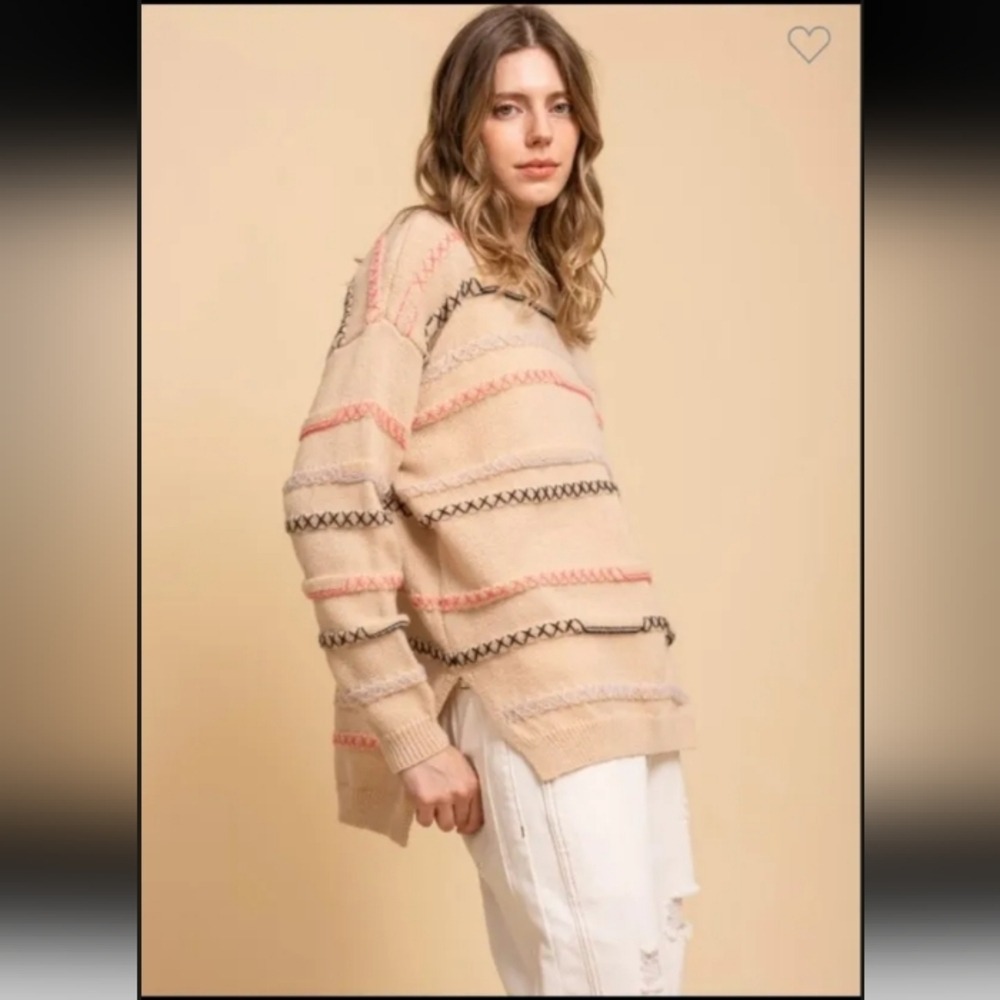 Blue Velvet Beige Embroidered Oversized Knit Sweater Cross Stitch Boho L NWT‎